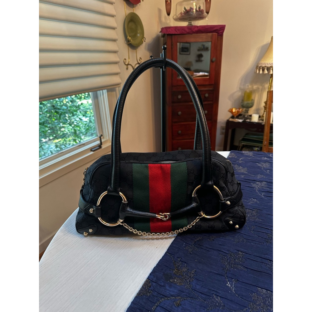 Gucci Black Canvas & Leather Sherry Line Horsebit Shoulder Bag - Picture 2 of 16
